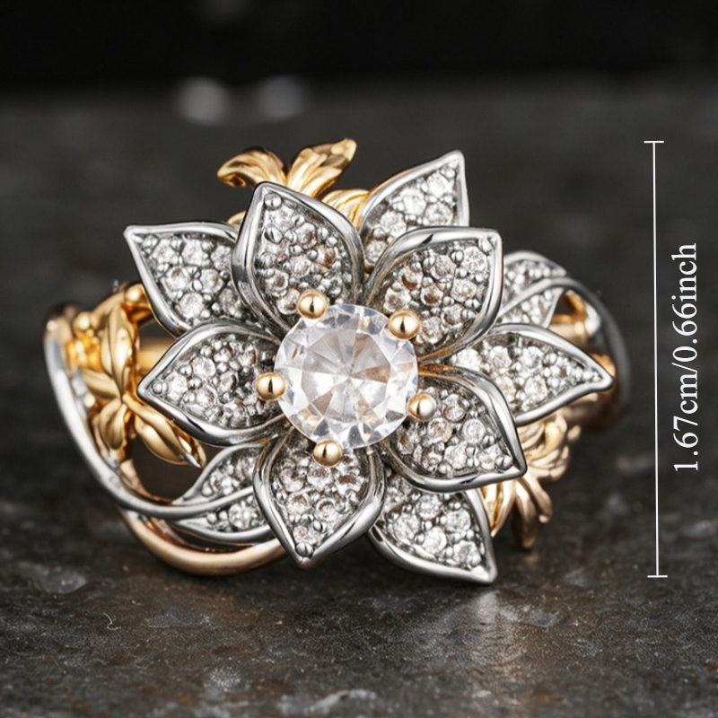 Women's Elegant Retro Inlay Zirconia Two-Tone Lotus Ring